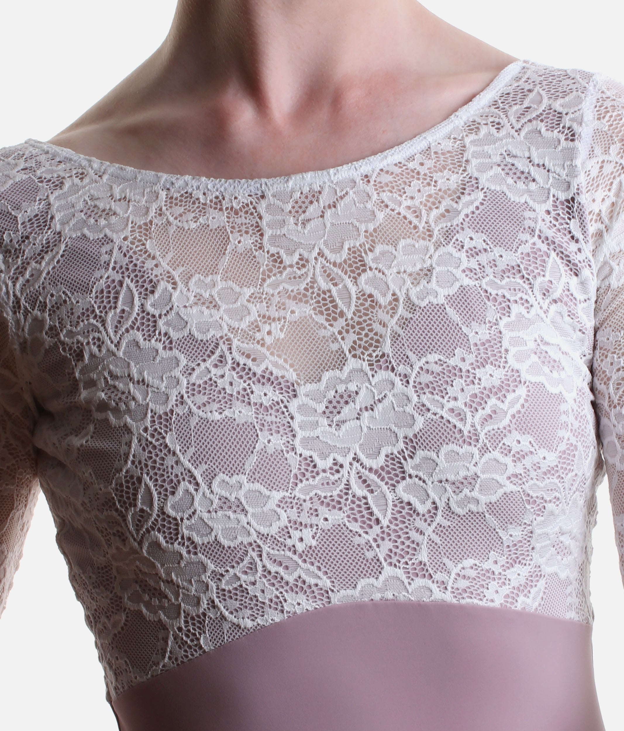 PENELOPE LILAC Lace Ballet Leotard, 3/4 Sleeve Open Back Dancewear