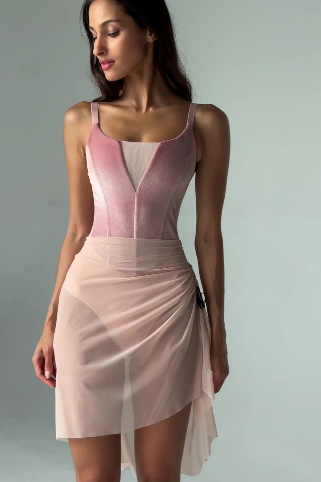 Load video: Bodile Gisella Mesh Rehearsal Skirt – High-Low Hem &amp; Ribbon Ruching