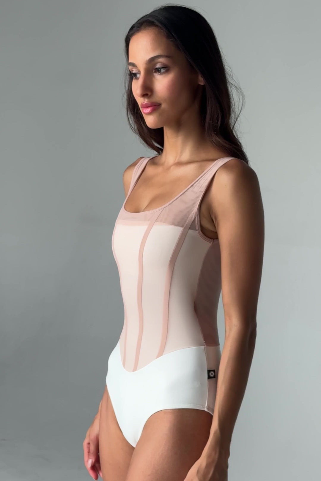 Load video: Video Bodile Sofia Nougat Frost Tank Ballet Leotard – White &amp; Blush Mesh