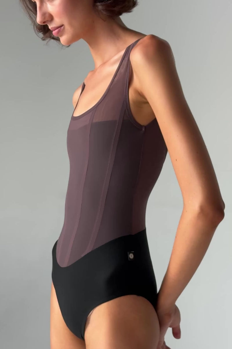 Video of Bodile Sofia Twilight Obsidian Tank Ballet Leotard – Black & Plum Mesh