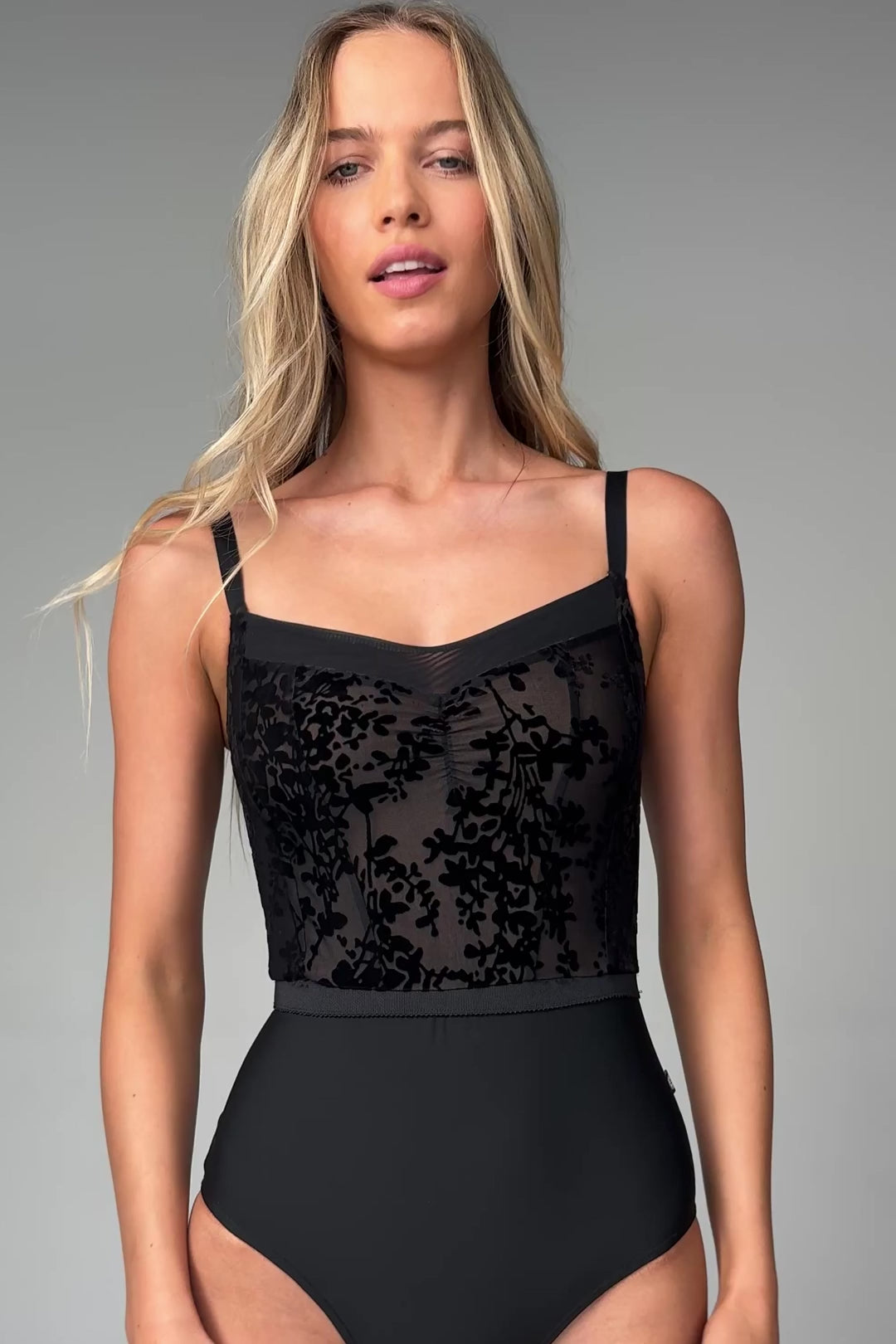 Load video: Ophelia Black Dahlia Ballet Leotard - Floral Flocked Velvet Camisole