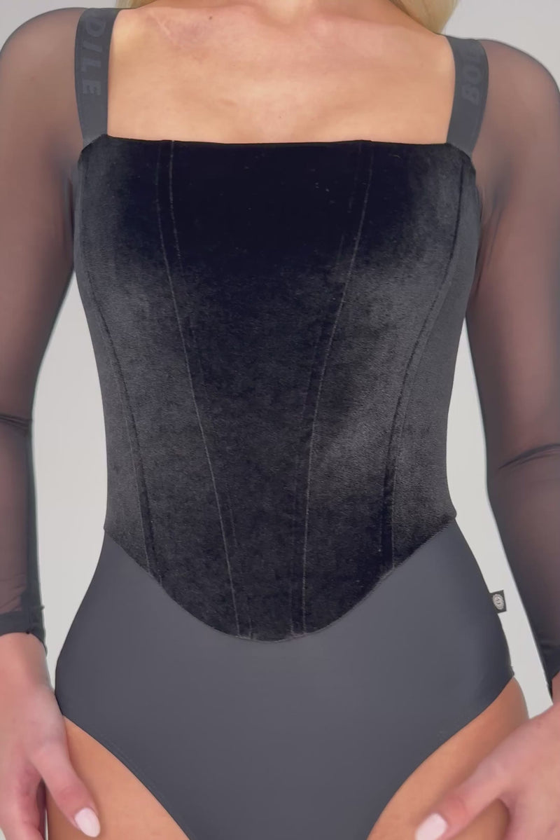 Bodile Valentina Noire Ink Ash Long Sleeve Ballet Leotard – Black Velvet & Mesh