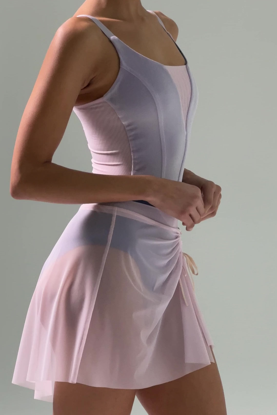 Load video: Bodile Mika Mesh Ballet Skirt – Adjustable Ruching &amp; High-Low Hem