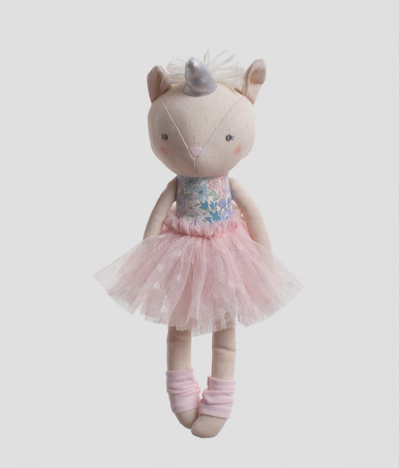 Load video: Soft Rag Doll with Tulle Tutu, BLUE Floral Dress &amp; Legwarmers - BABY UNICORN