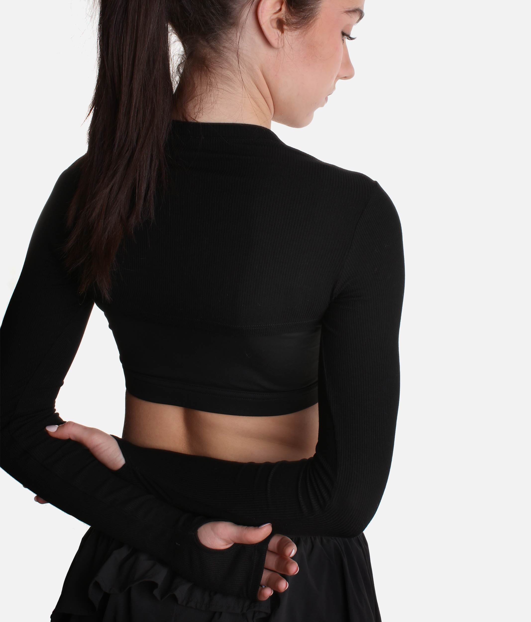 RELEVE RIBBED SHRUG - Sleek Black Layer with Thumbholes