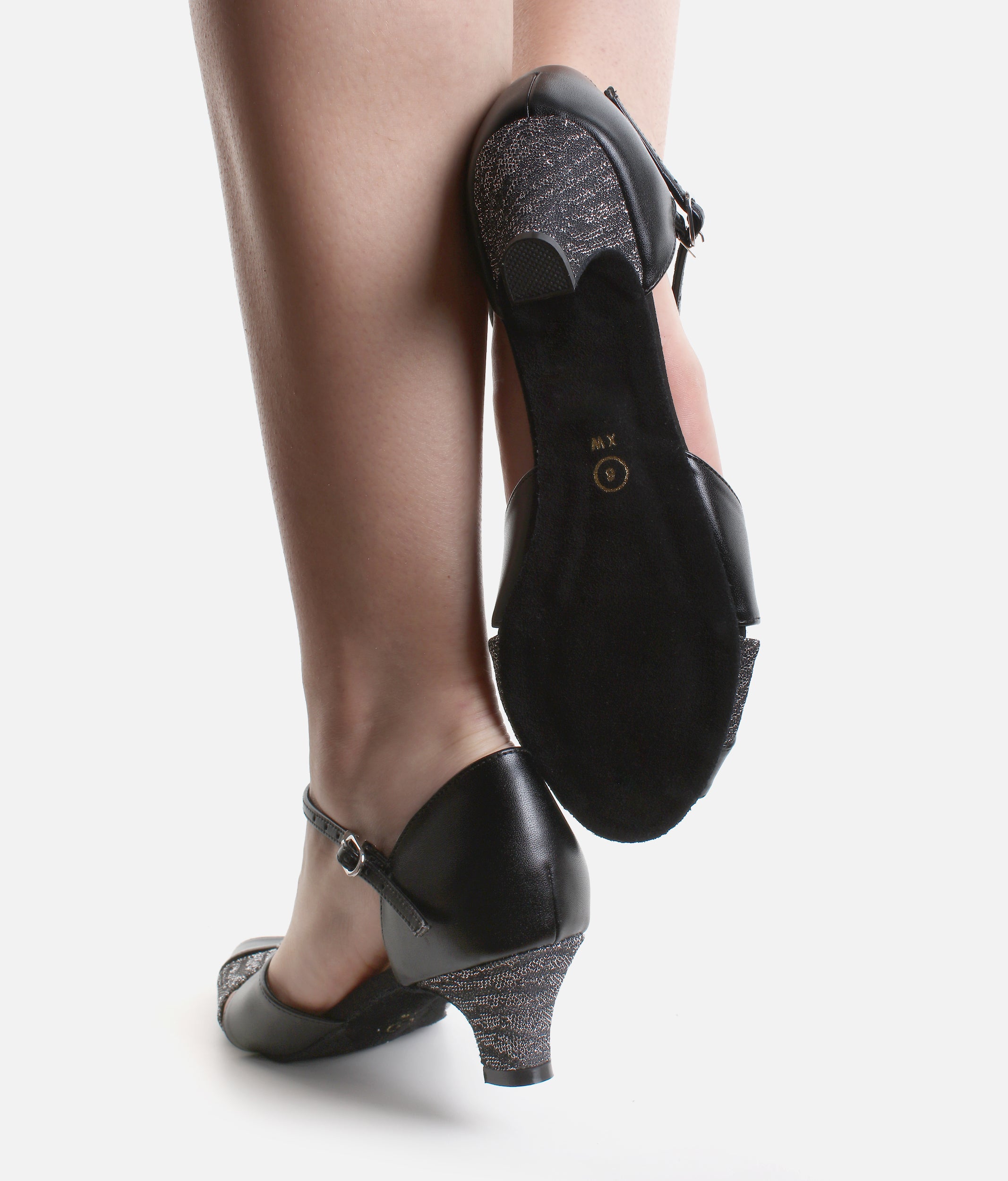 BlackSilver Glitter Ballroom Shoes, Comfortable T-Bar with 1.5” Heel - S4011