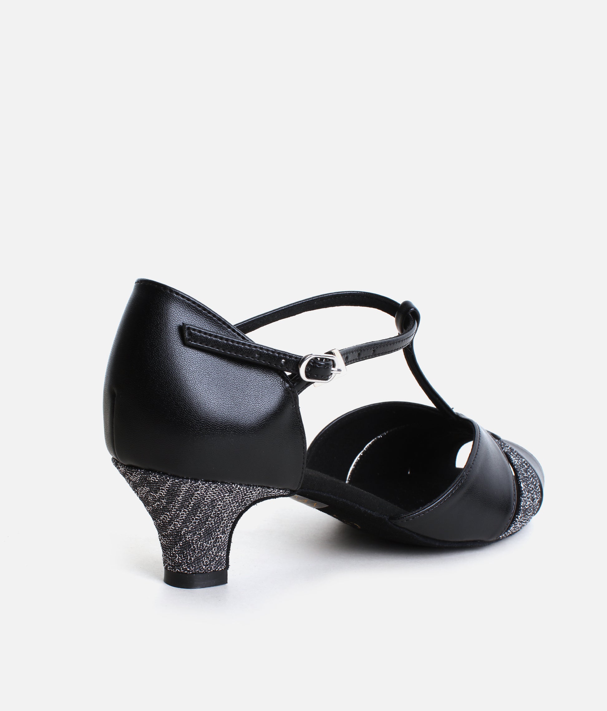 BlackSilver Glitter Ballroom Shoes, Comfortable T-Bar with 1.5” Heel - S4011
