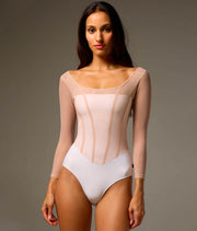 Bodile Sofia Frost Nougat Long Sleeve Ballet Leotard – White & Blush Mesh