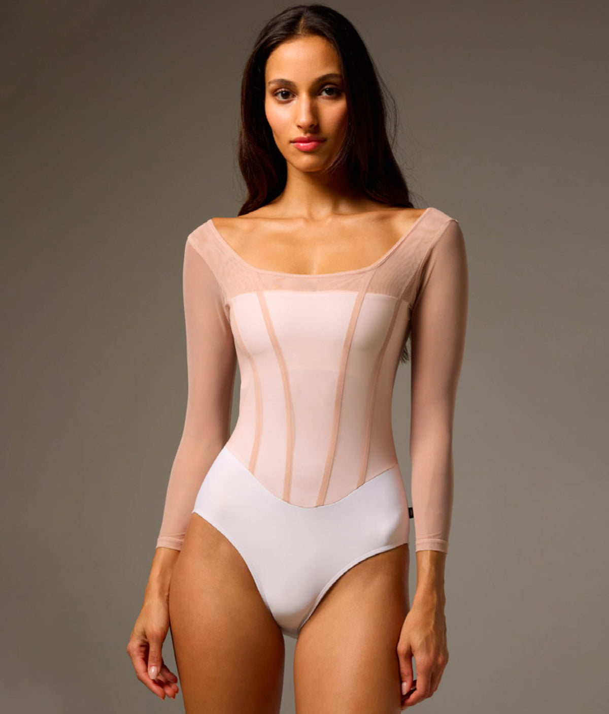 Bodile Sofia Frost Nougat Long Sleeve Ballet Leotard – White & Blush Mesh