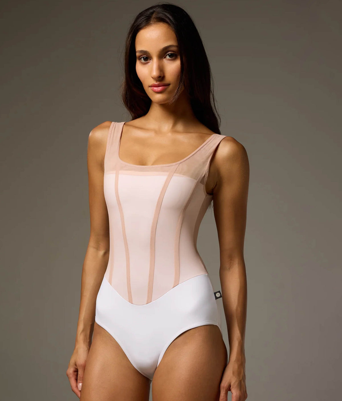Bodile Sofia Nougat Frost Tank Ballet Leotard – White & Blush Mesh