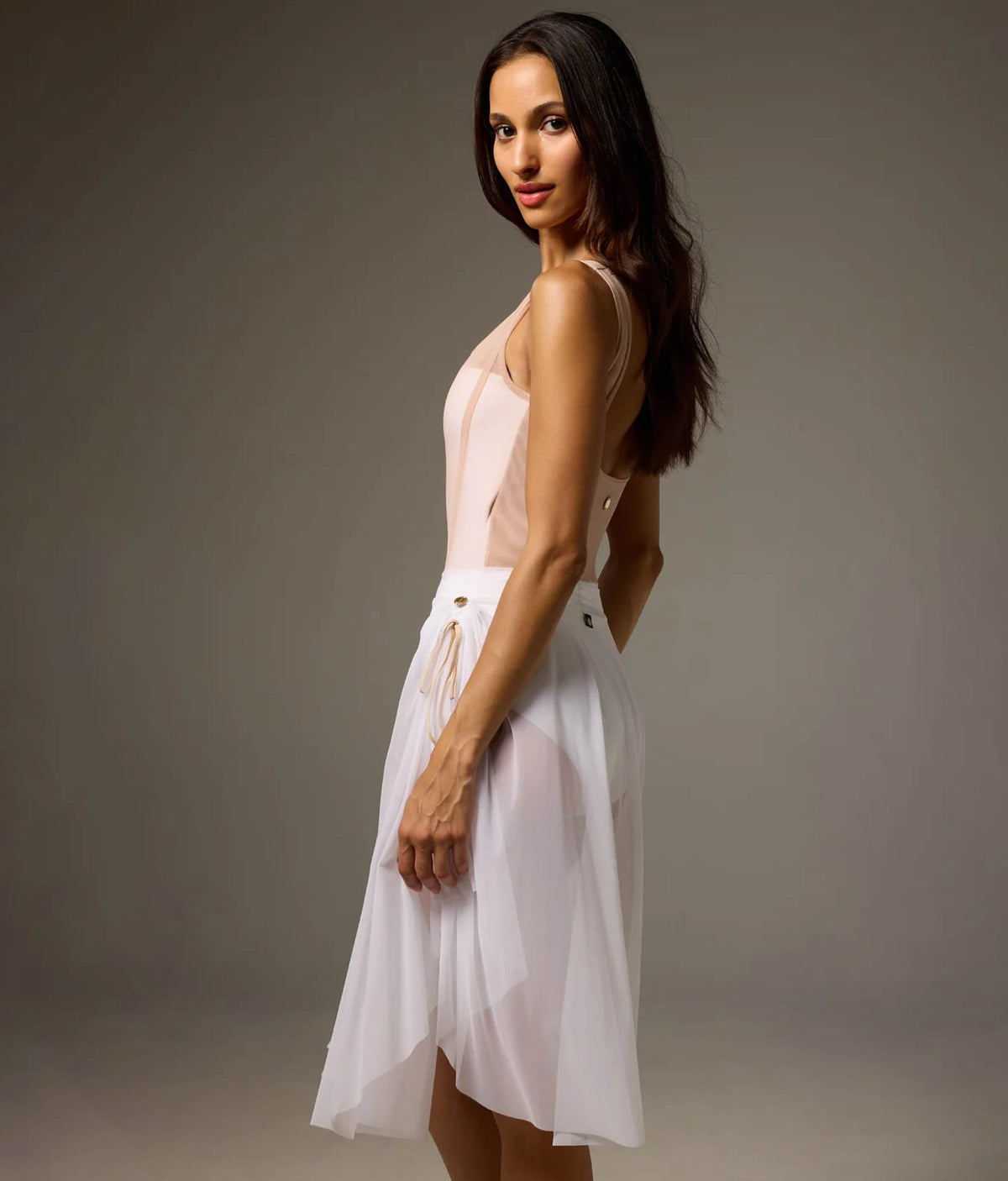 Bodile Sofia Nougat Frost Tank Ballet Leotard – White & Blush Mesh
