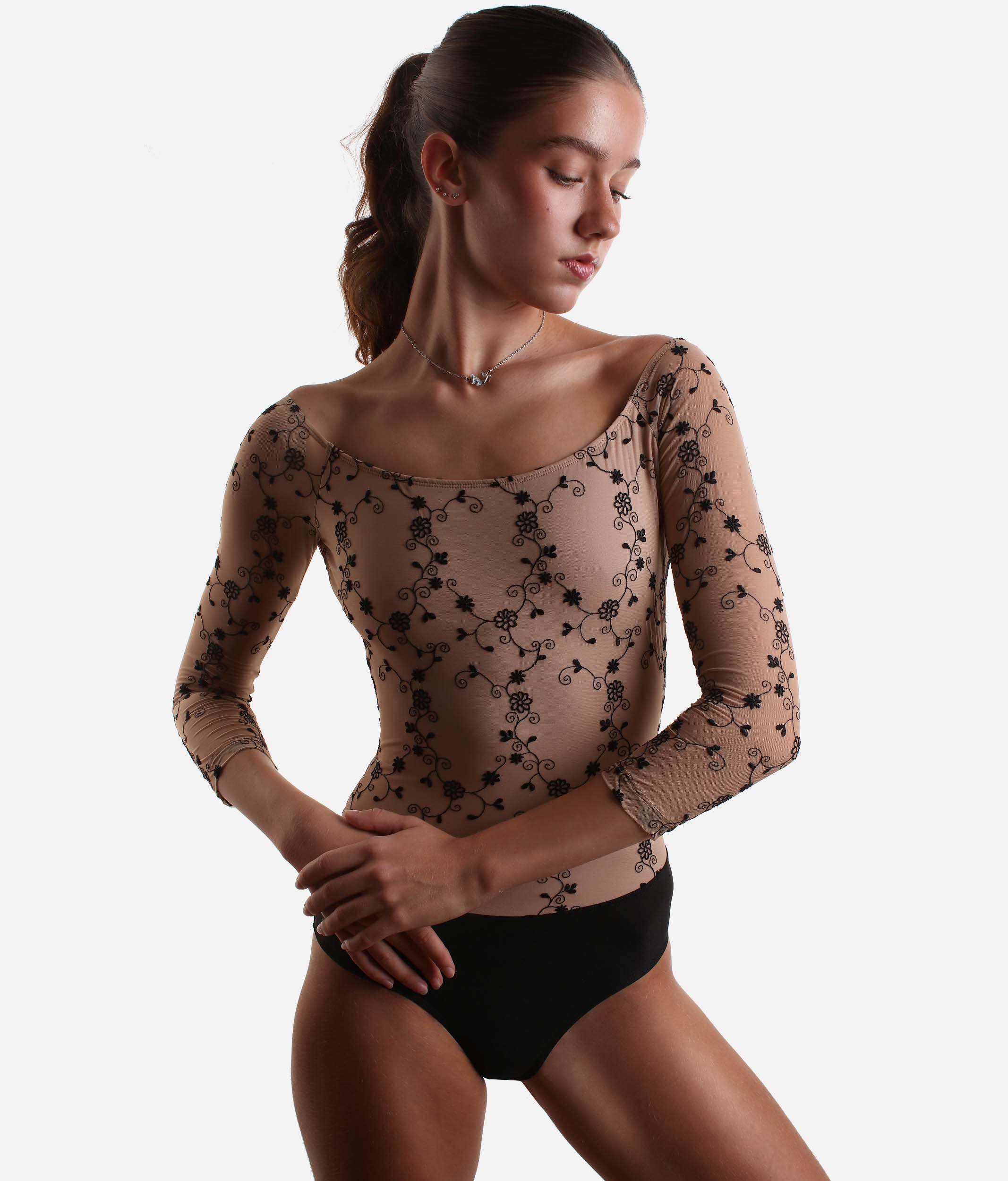 Delicate Long Mesh Sleeves Dance Leotard with Unique Back Design - TACITA DI NERO