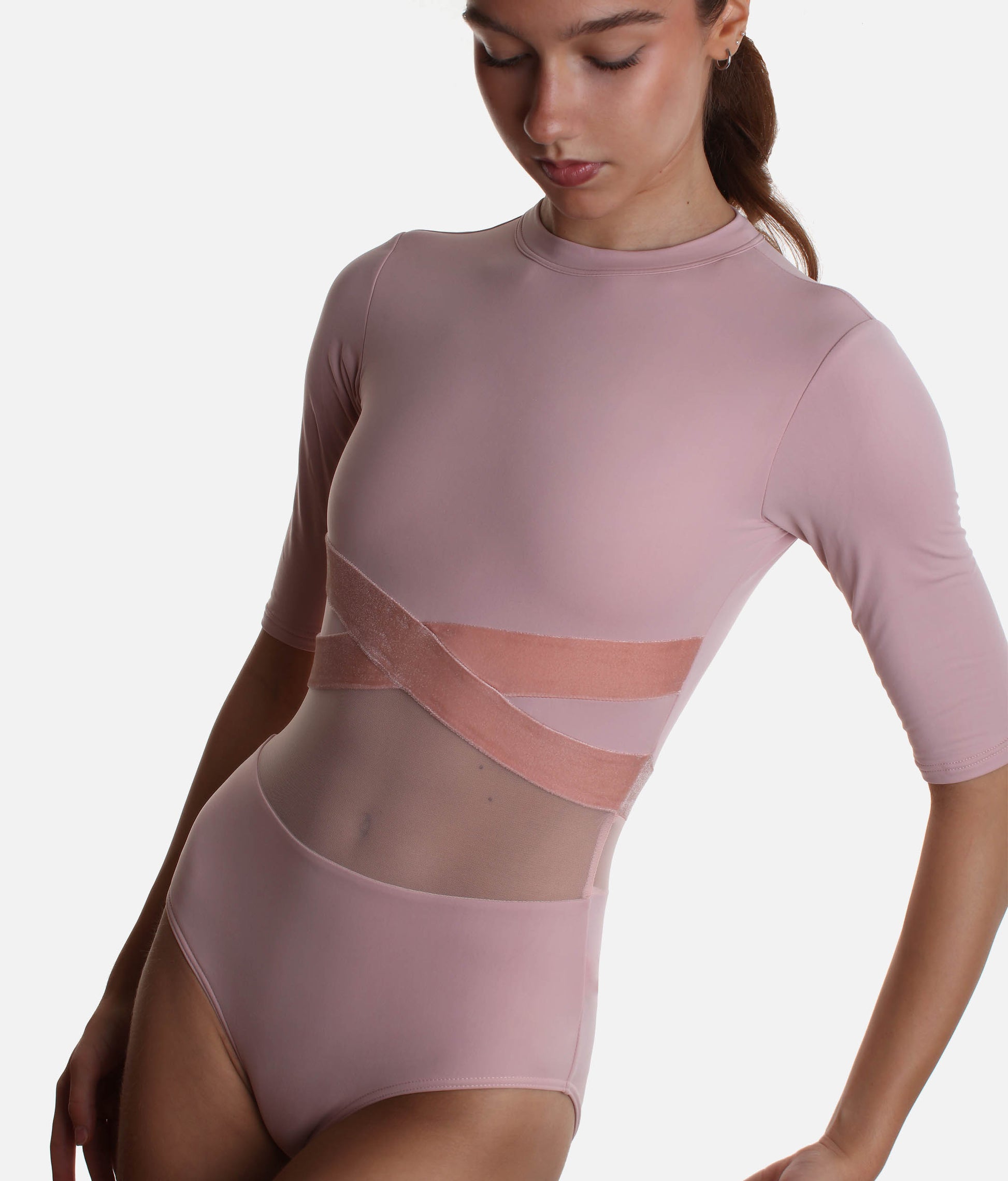 Open-Back Half-Sleeve Leotard with Crisscross Velvet Band - TRINA