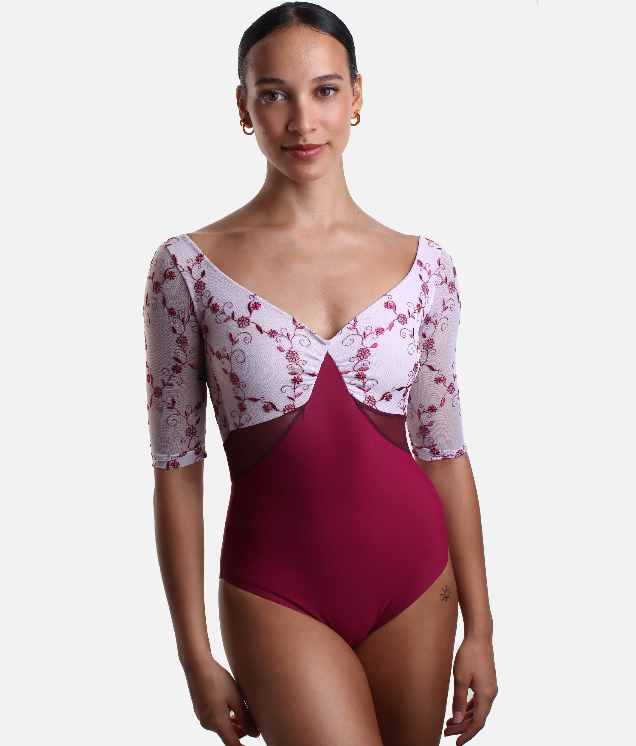 DellaLo Vesta Dance Leotard | V-Shaped Neckline & Floral Mesh