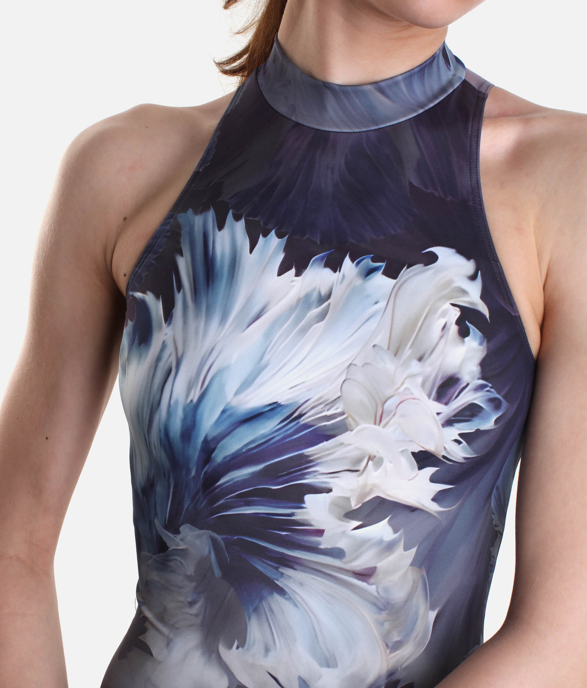 VOLINA High Neck Leotard with Elegant Floral Design, Mesh Back - DA5127