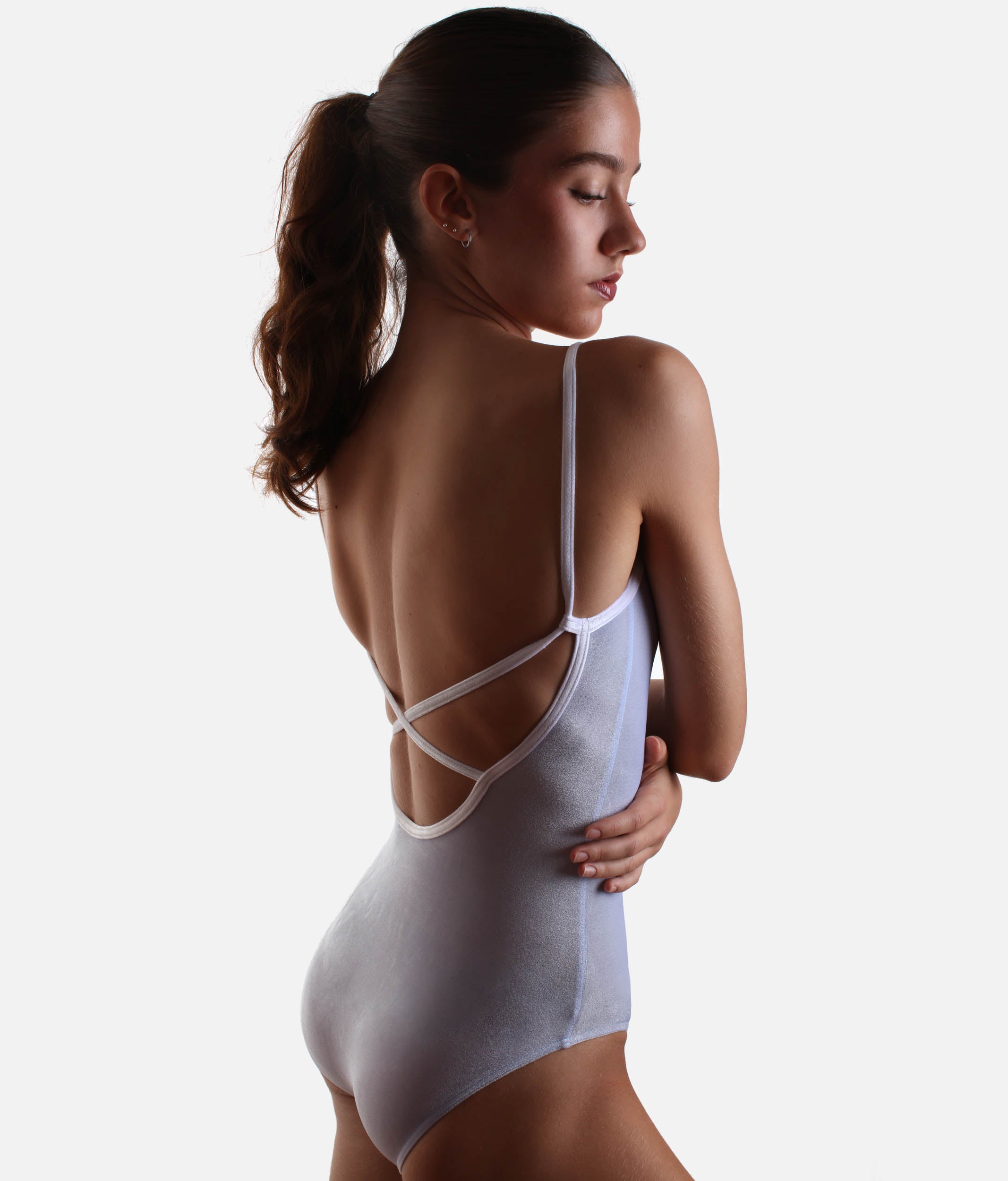 Unique Cross Back Leotard, Crushed Velvet & Camisole Straps - DANIELA Serenade