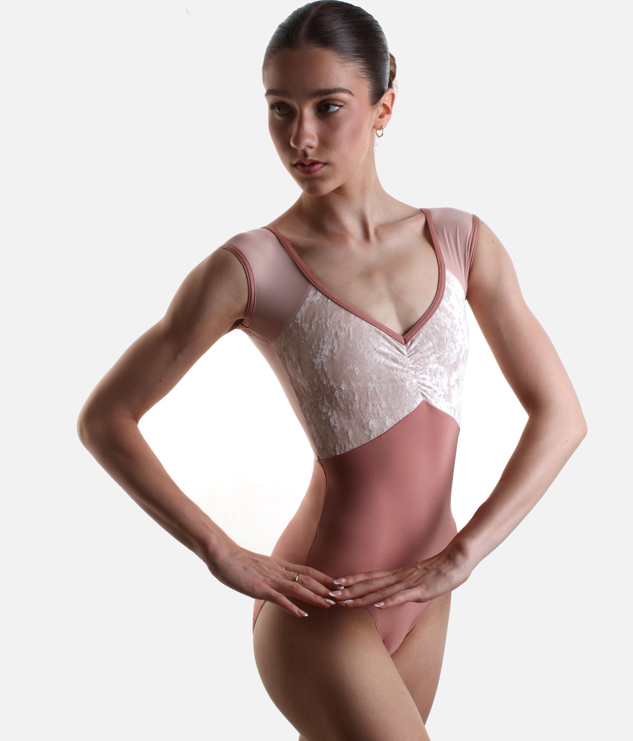 Cap Sleeve Ballet Leotard with Pinch Front & Deep V Back - ELLI MESH ROSEWOOD