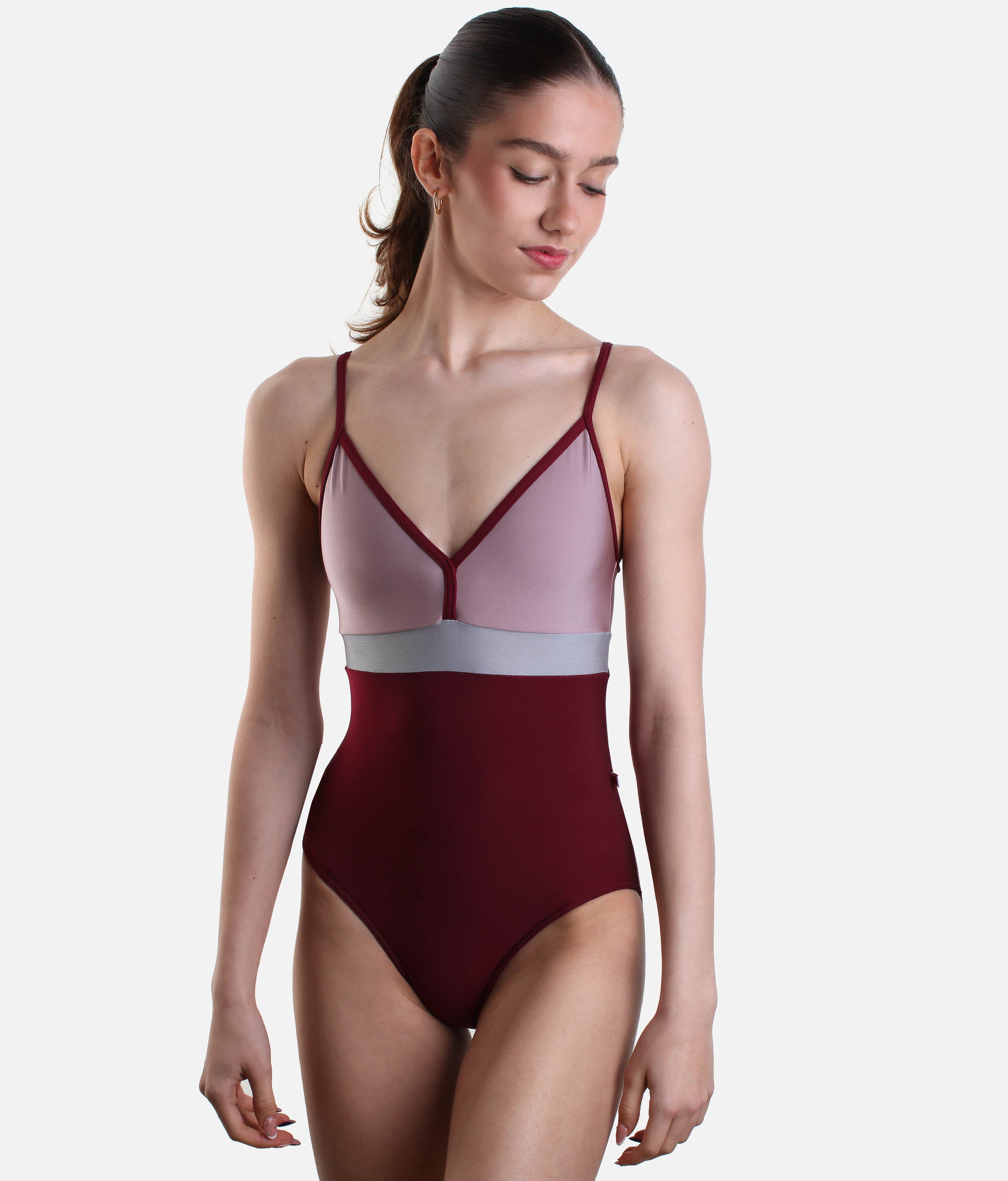 ZOE Colour Block Leotard, Sculpted Fit, Elegant Lines - BURGUNDY