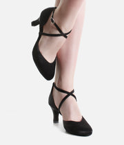 Social Ballroom Dance Shoes, Black Satin Closed-Toe Heels with Suede Sole - BL126