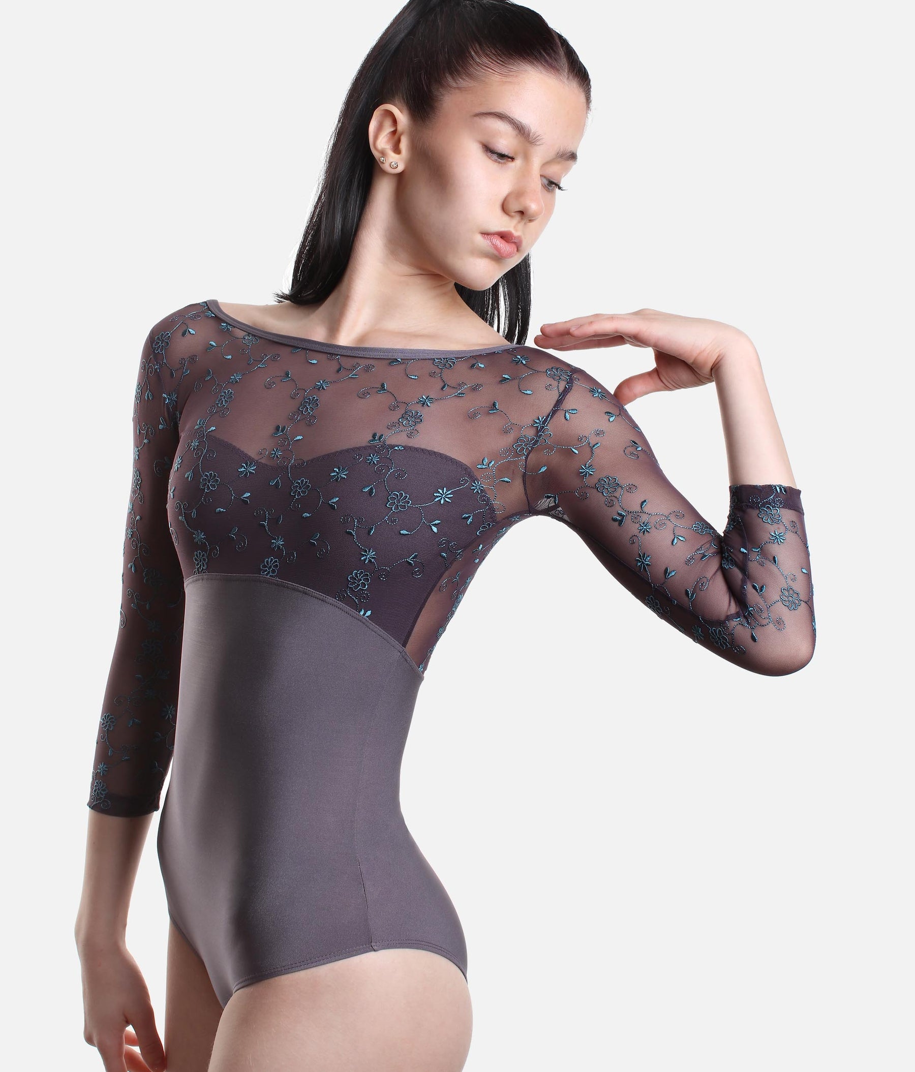 Embroidered Tulle Long Sleeve Leotard - DIANA CL