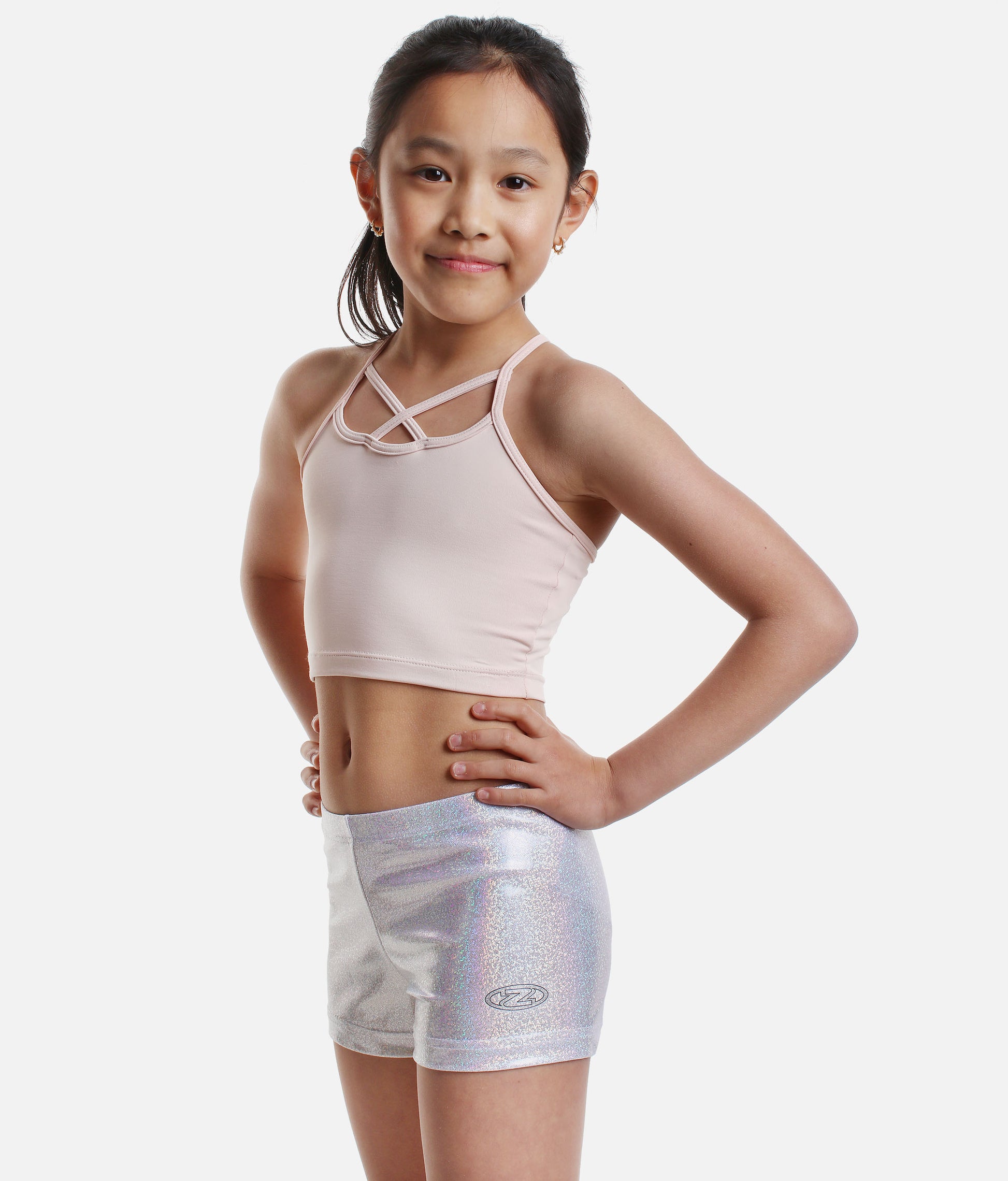 Girl's Silver Gymnastics Shorts, Metallic Lycra - Z2000