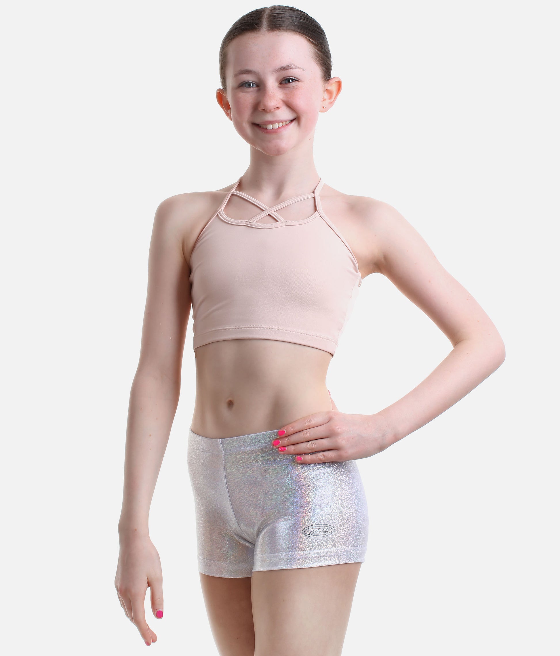Girl's Silver Gymnastics Shorts, Metallic Lycra - Z2000

